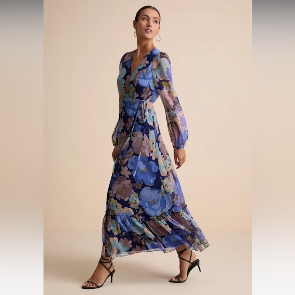 Lulus Feeling Sweet Navy Floral Print Long Sleeve Wrap Maxi Dress Blue - Size XL - Picture 3 of 5